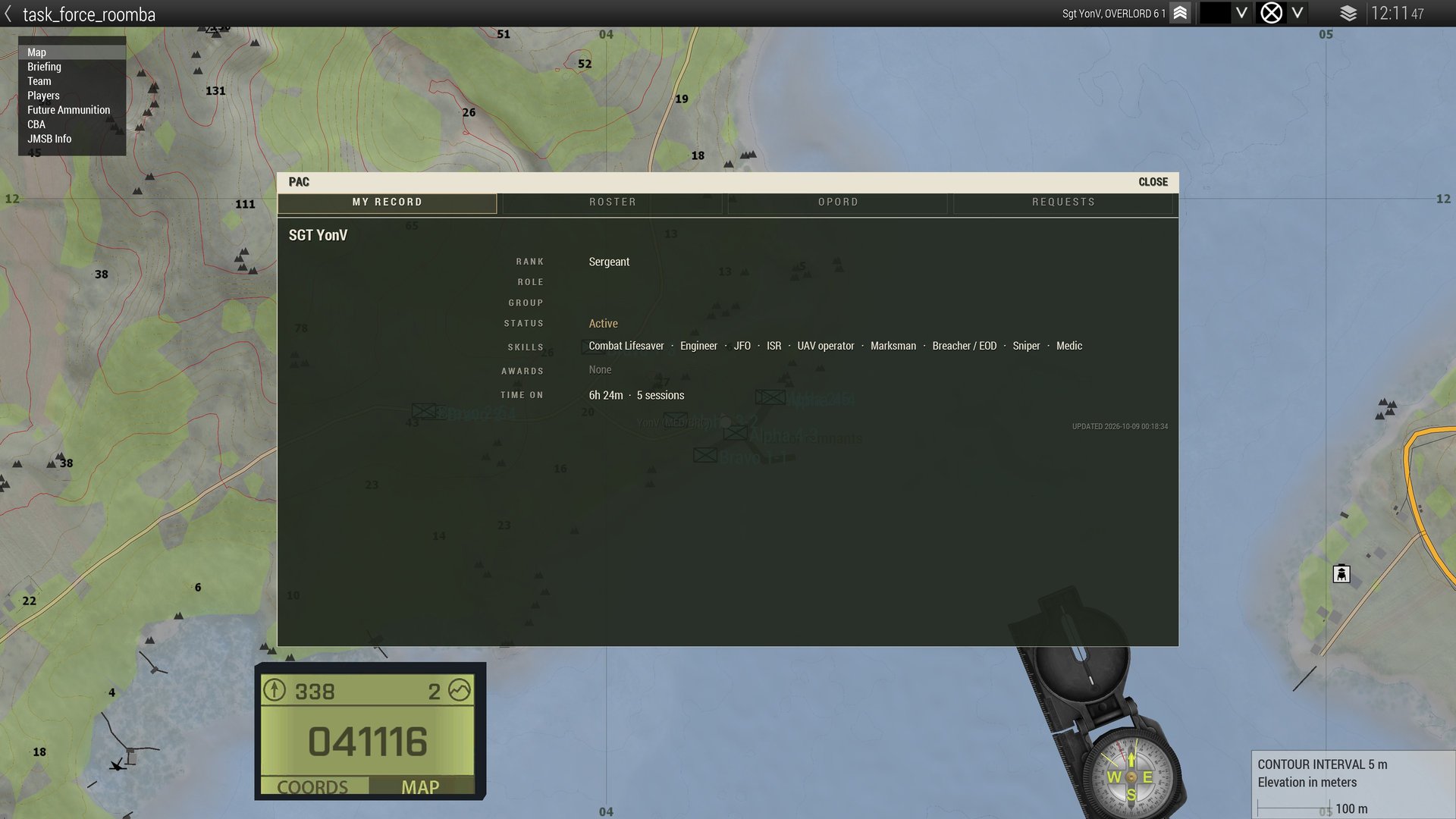 MY RECORD: rank, role, group, status, skills, awards, time on