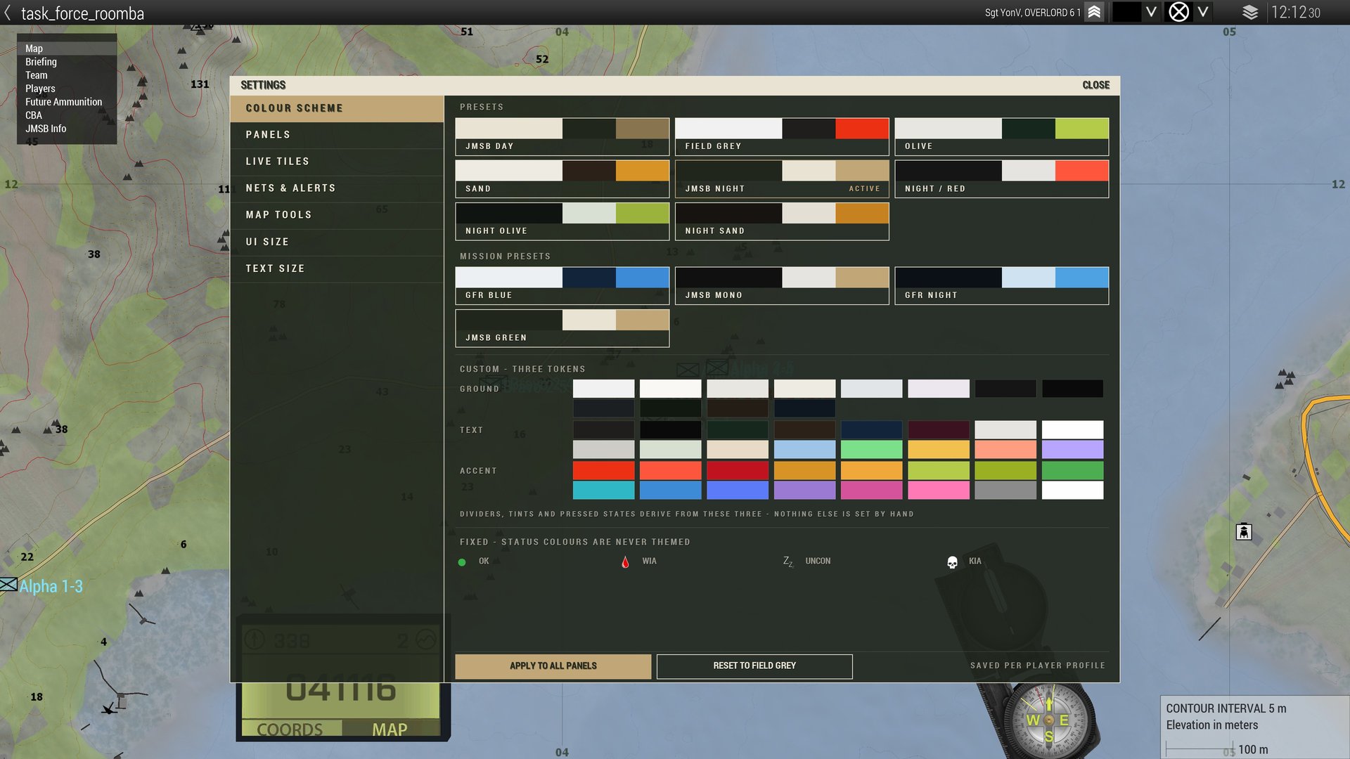 SETTINGS: the colour schemes, JMSB Night active