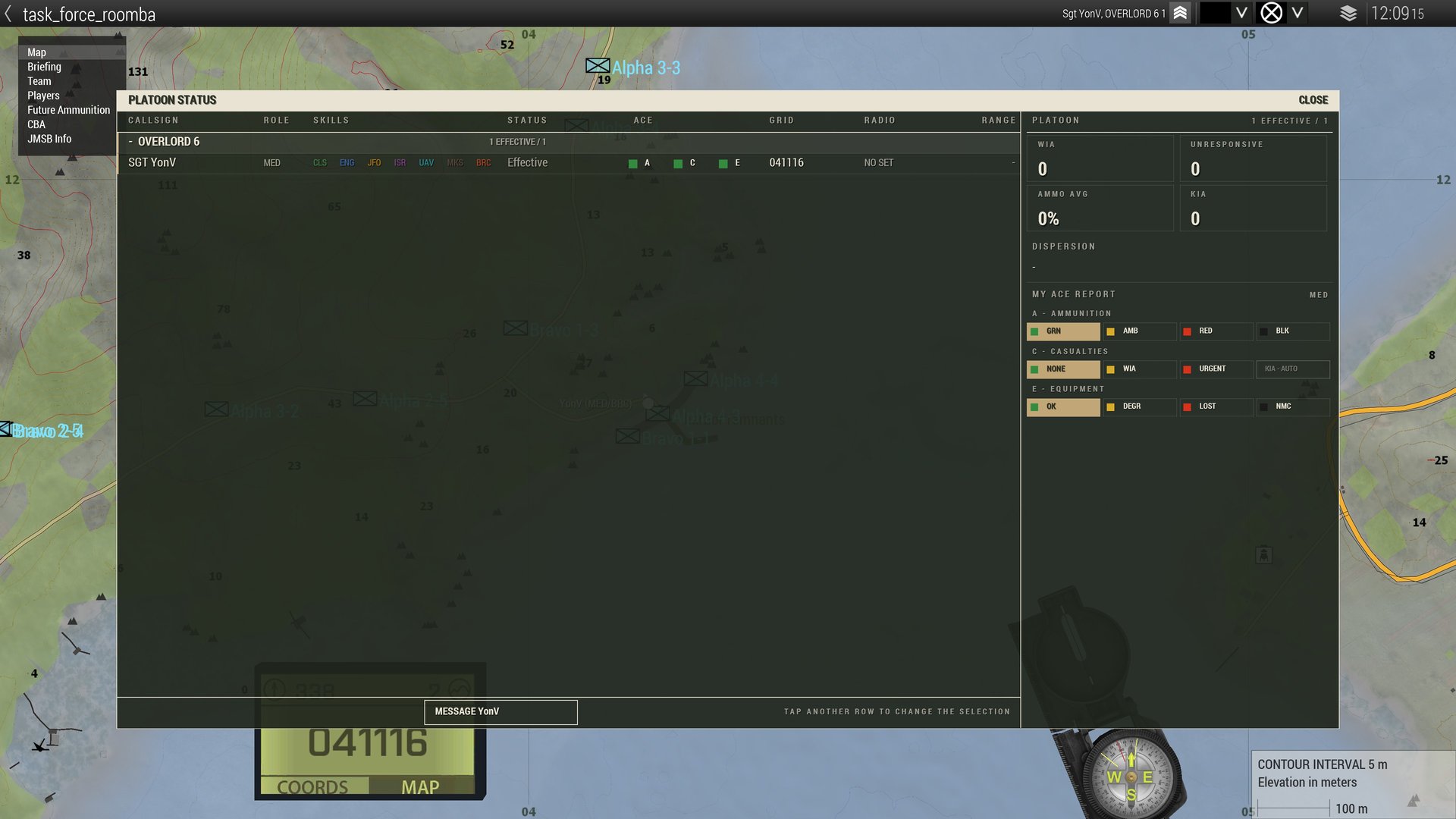PLATOON STATUS: every man with his role, skills, ACE report and grid; your own ACE report on the right